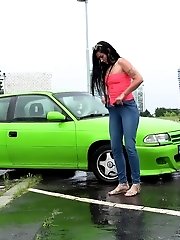 15 pictures - Public pissing for dark haired babe in denims