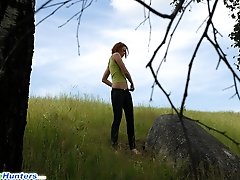 16 pictures - Babe tinkles on a rock in the middle of a field
