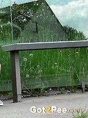 15 pictures - Pretty brunette pees in a bus stop on a main road