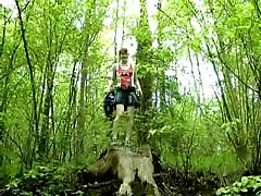 4 movies - Red-haired hoochie pees off a hill in the woods