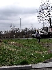 15 pictures - Dark haired girl pisses by a public car park