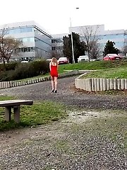 15 pictures - Blonde with bare pussy pisses outside