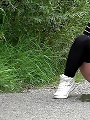 15 pictures - Cute European squatting to pee on a path