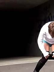 15 pictures - Short haired babe sprays her piss over the ground