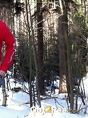 15 pictures - Dark haired babe pisses in the snow outside