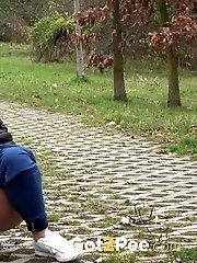 15 pictures - Blonde European pisses on a path on a trail