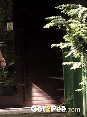 15 pictures - Pretty girl in short skirt pisses on decking