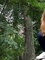 15 pictures - Cute girl pulls down denims to piss